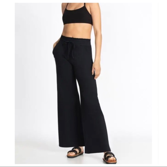 Wide Leg Relaxed French Terry Drawstring Raw Edge Hem Pants - Picture 2 of 5